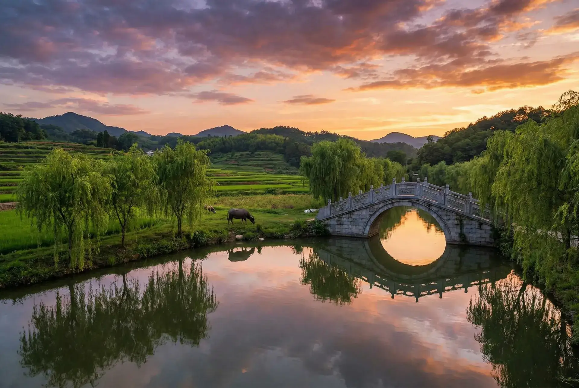 夕阳下的石拱桥与垂柳，水牛在河边吃草 - 成都楼凤 乡村美景